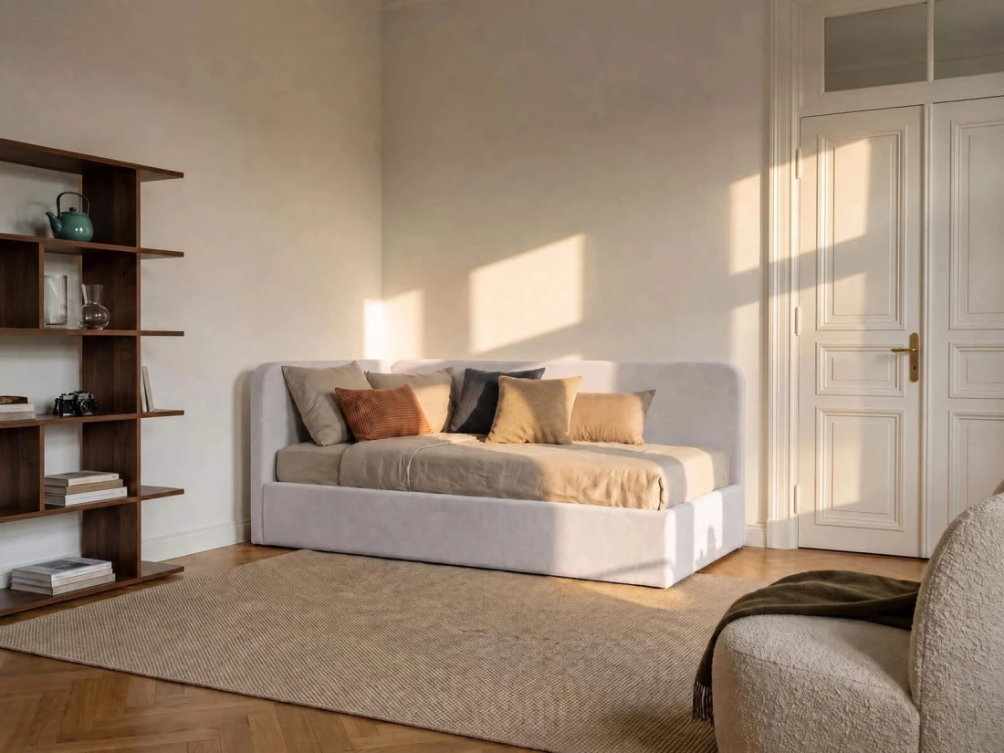 Divano singolo imbottito 90x200 con contenitore con struttura, Leo Bluvel 03 Grigio