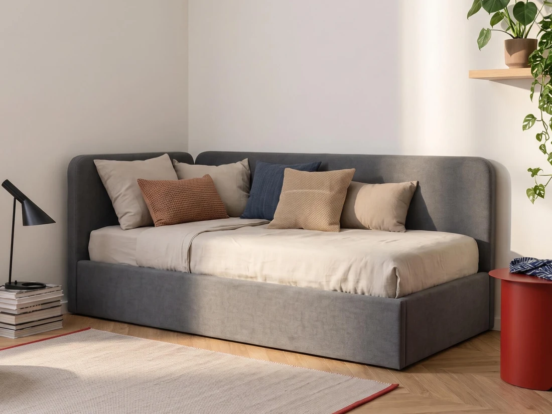Divano singolo imbottito 90x200 con contenitore con struttura, Leo Colet 17 Grigio