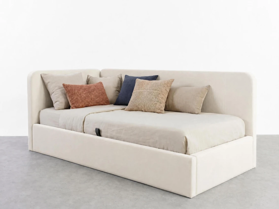 Divano singolo imbottito 90x200 con contenitore con struttura, Leo Bluvel 22 Beige