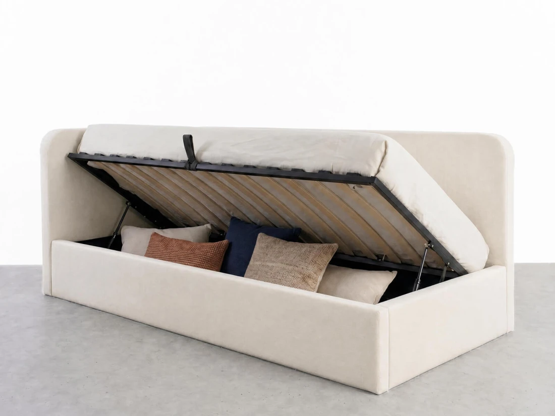 Divano singolo imbottito 90x200 con contenitore con struttura, Leo Bluvel 22 Beige