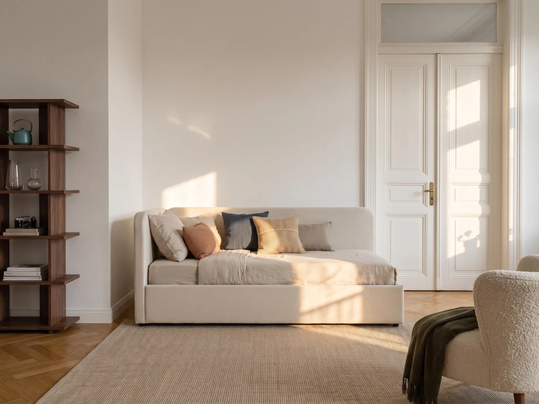 Divano singolo imbottito 90x200 con contenitore con struttura, Leo Colet 24 Beige