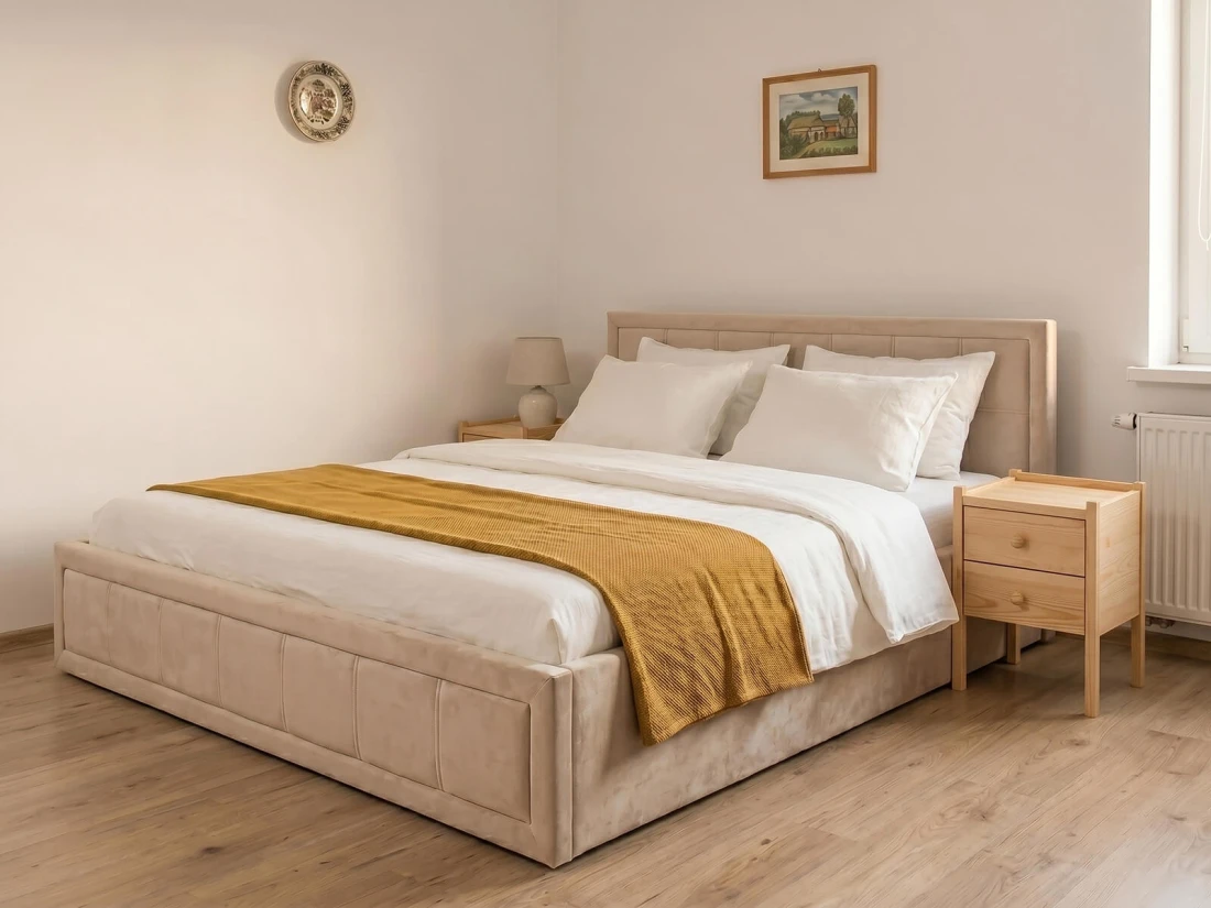 Letto imbottito 160x200 con contenitore, Rema Beige Velvet