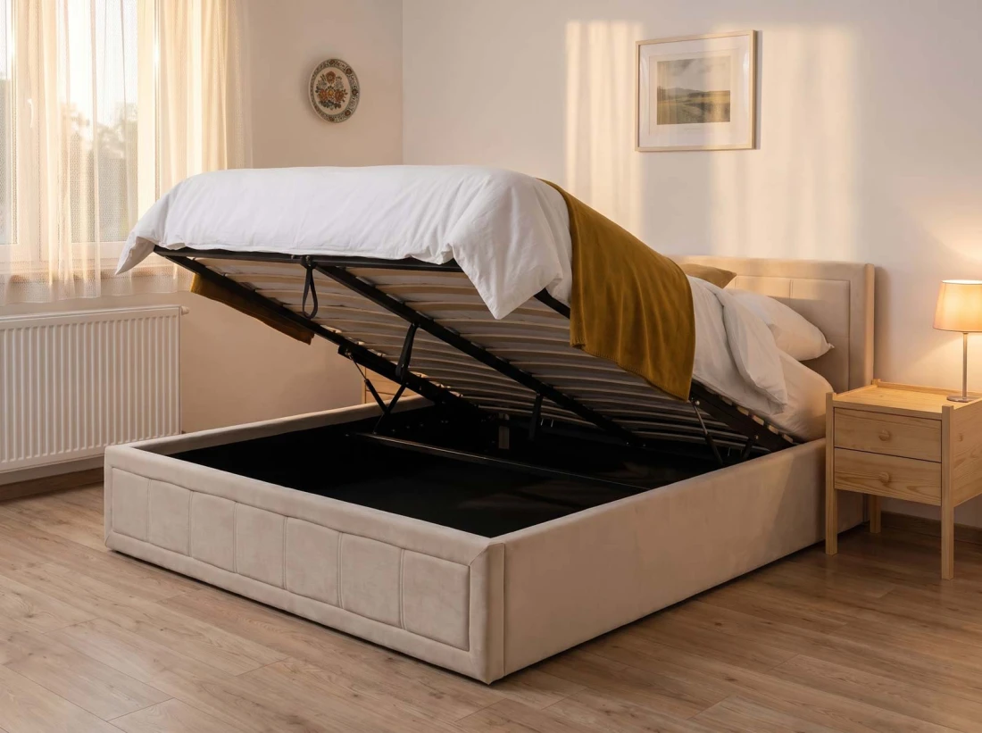 Letto imbottito 180x200 con contenitore, Rema Beige Velvet
