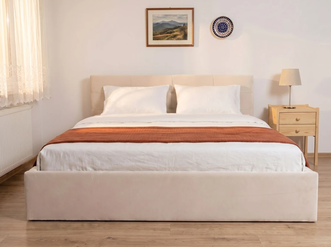 Letto imbottito 160x200 con contenitore, Tilo Beige Velvet