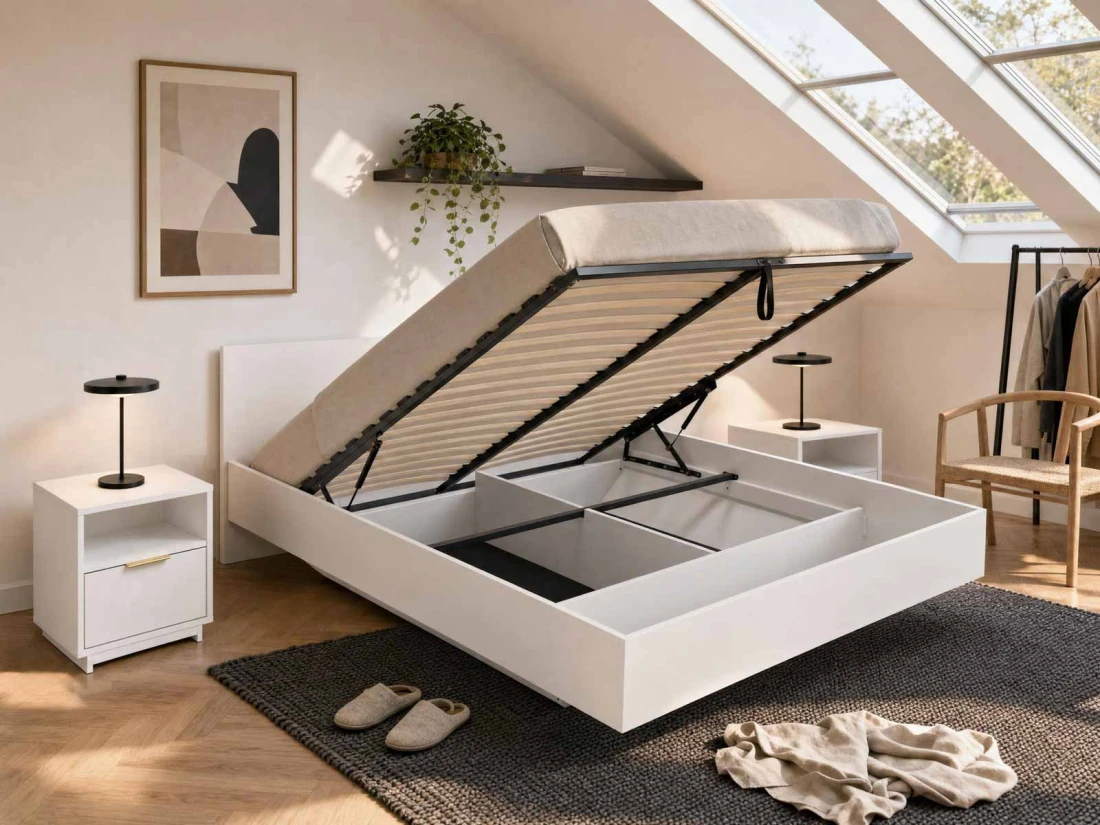 Letto levitante con contenitore 180x200 bianco DM2 realizzato con pannello per mobili