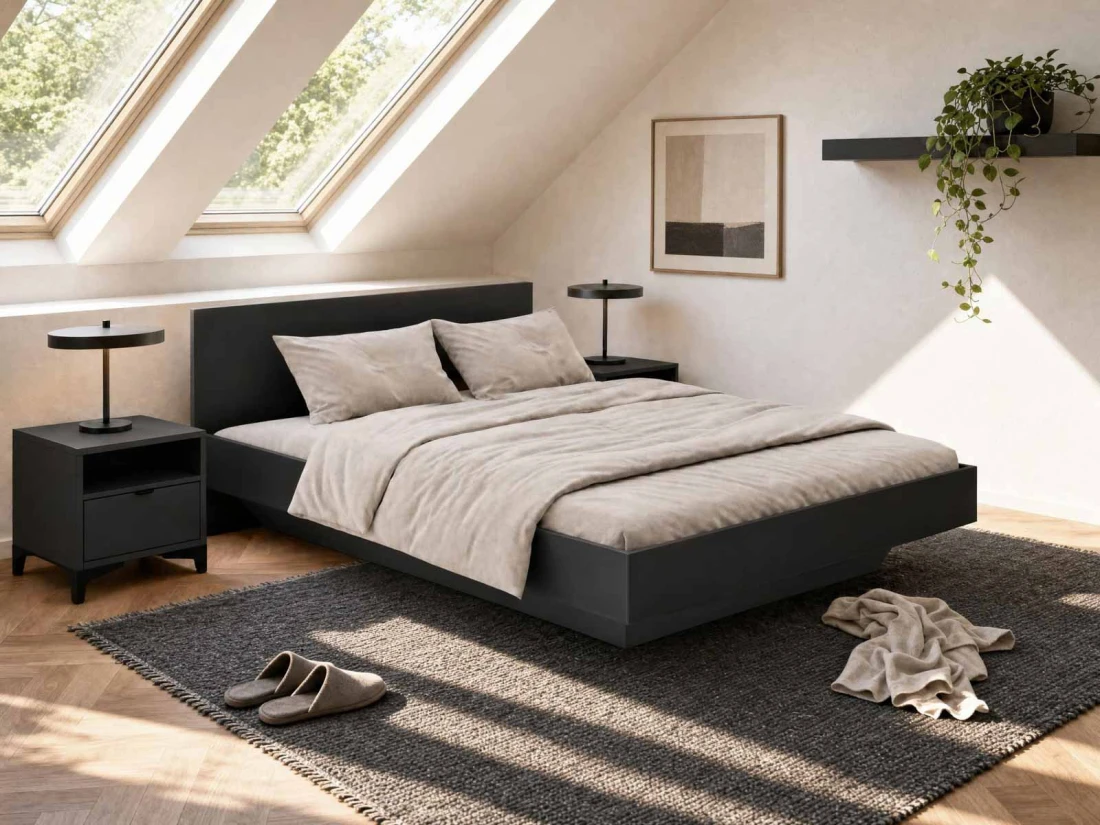 Letto levitante con contenitore 140x200 nero DM2 realizzato con pannello per mobili