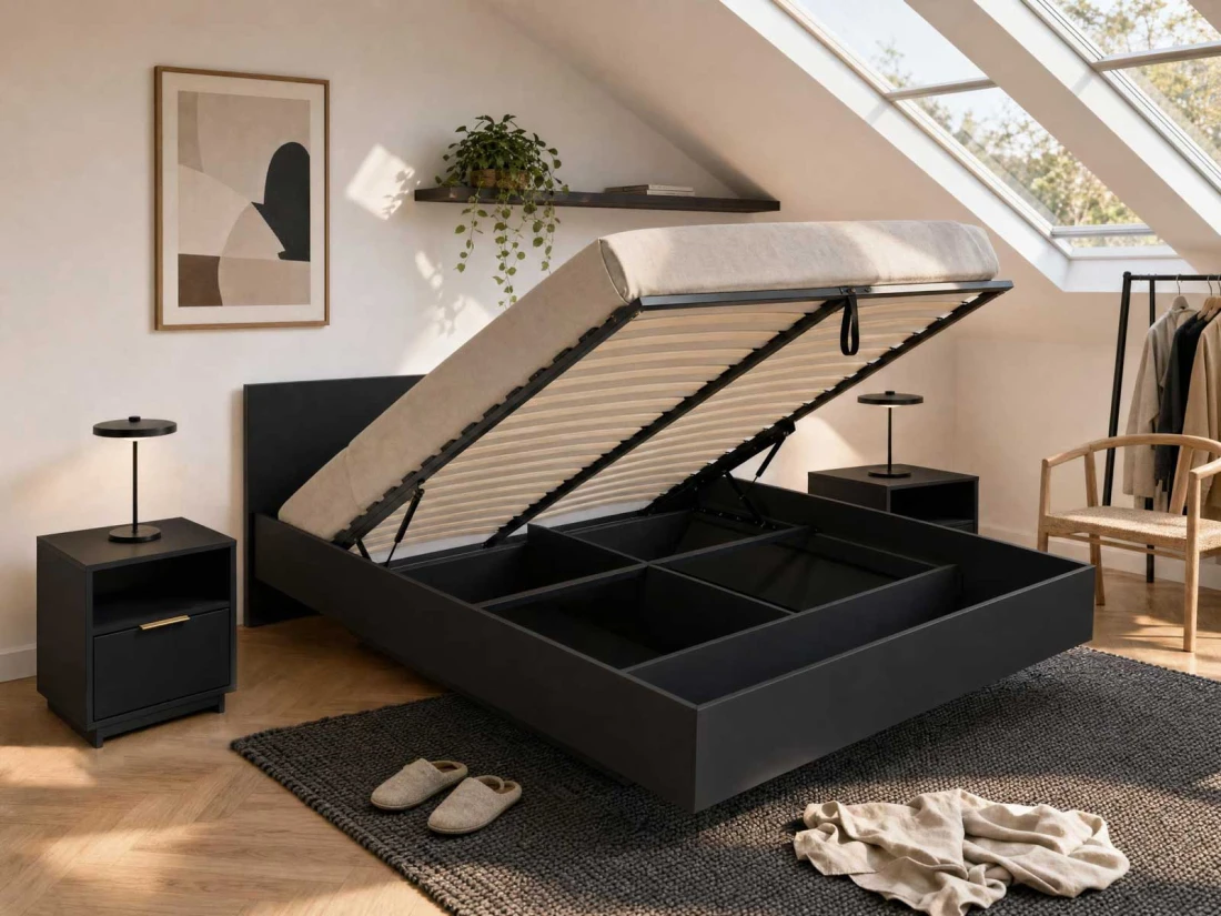 Letto levitante con contenitore 160x200 nero DM2 realizzato con pannello per mobili