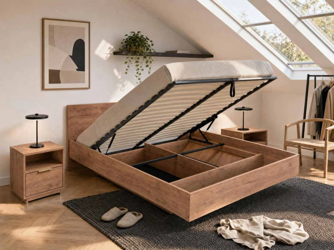 Letto levitante con contenitore 160x200 rovere artigianale DM2 realizzato con pannello per mobili
