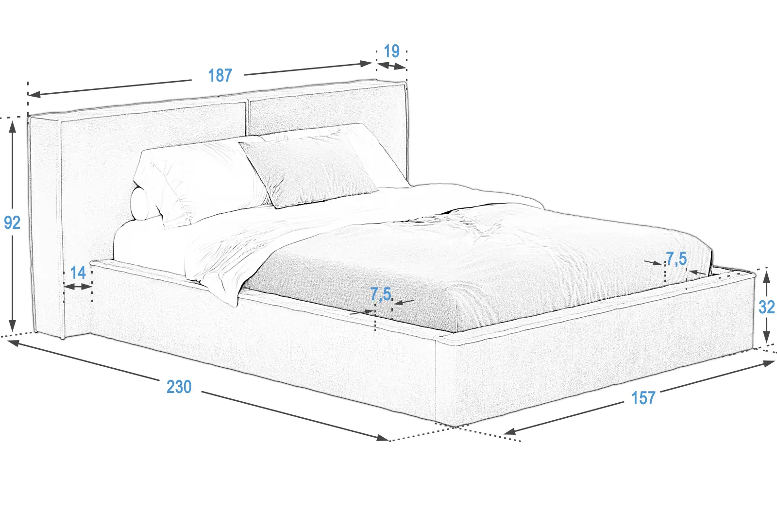 Letto imbottito con contenitore 140x200 PRO Line 20 colore Boucle 02