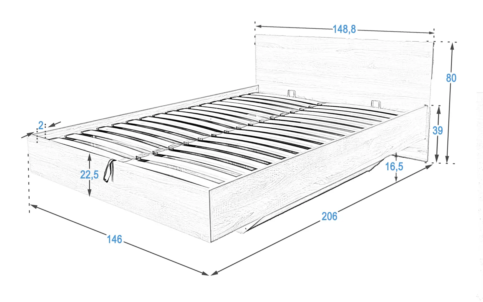 Dimensioni letto sospeso DM2 140x200 con rete sollevabile