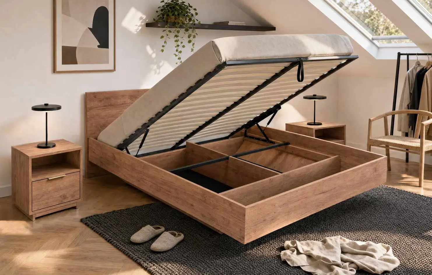 Letto sospeso DM2 rovere artigianale con contenitore