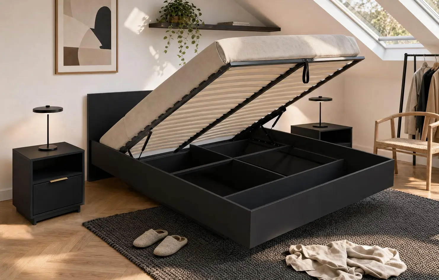 Letto sospeso DM2 nero con contenitore