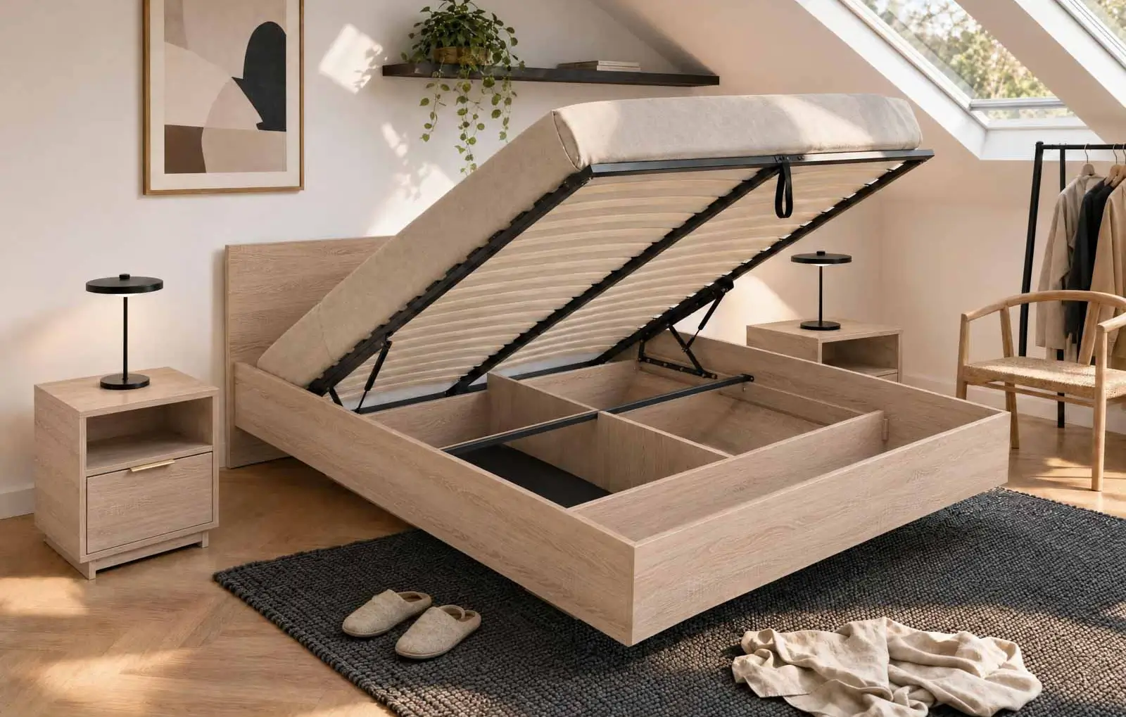 Letto sospeso DM2 rovere di sonoma con contenitore