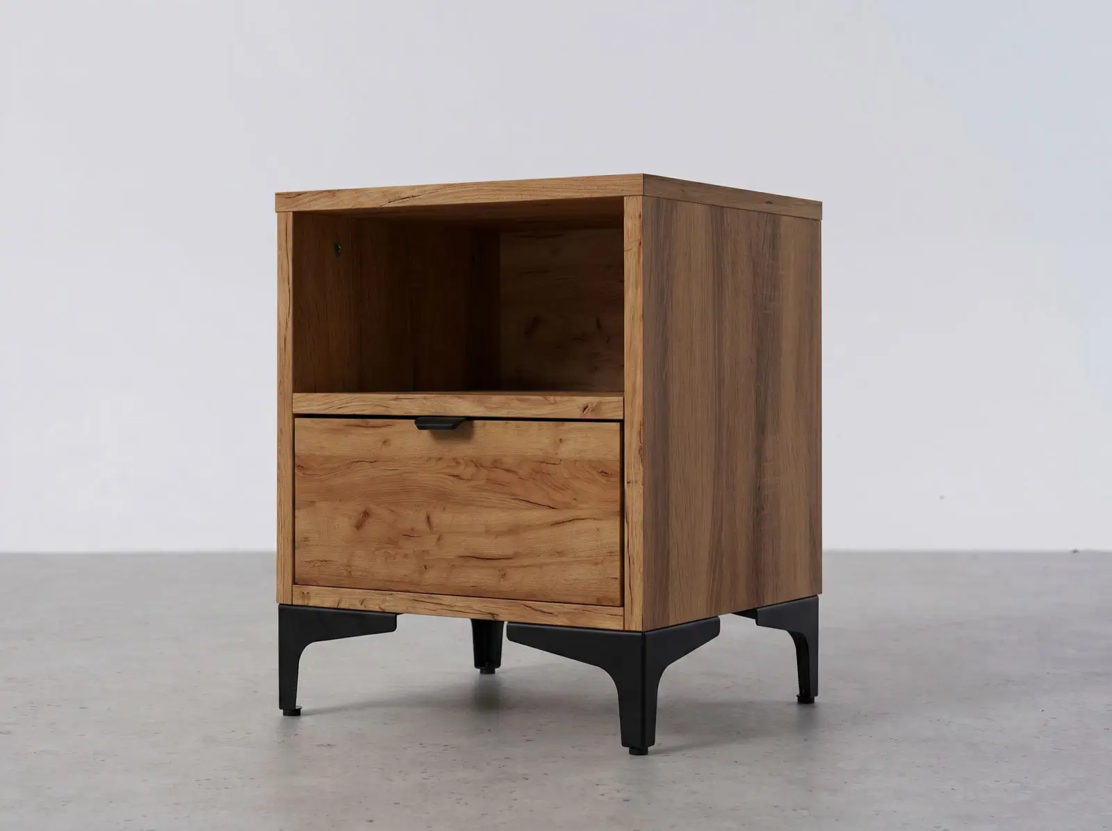 Comodino rovere craft Nobio con cassetto e vano a giorno su gambe in metallo