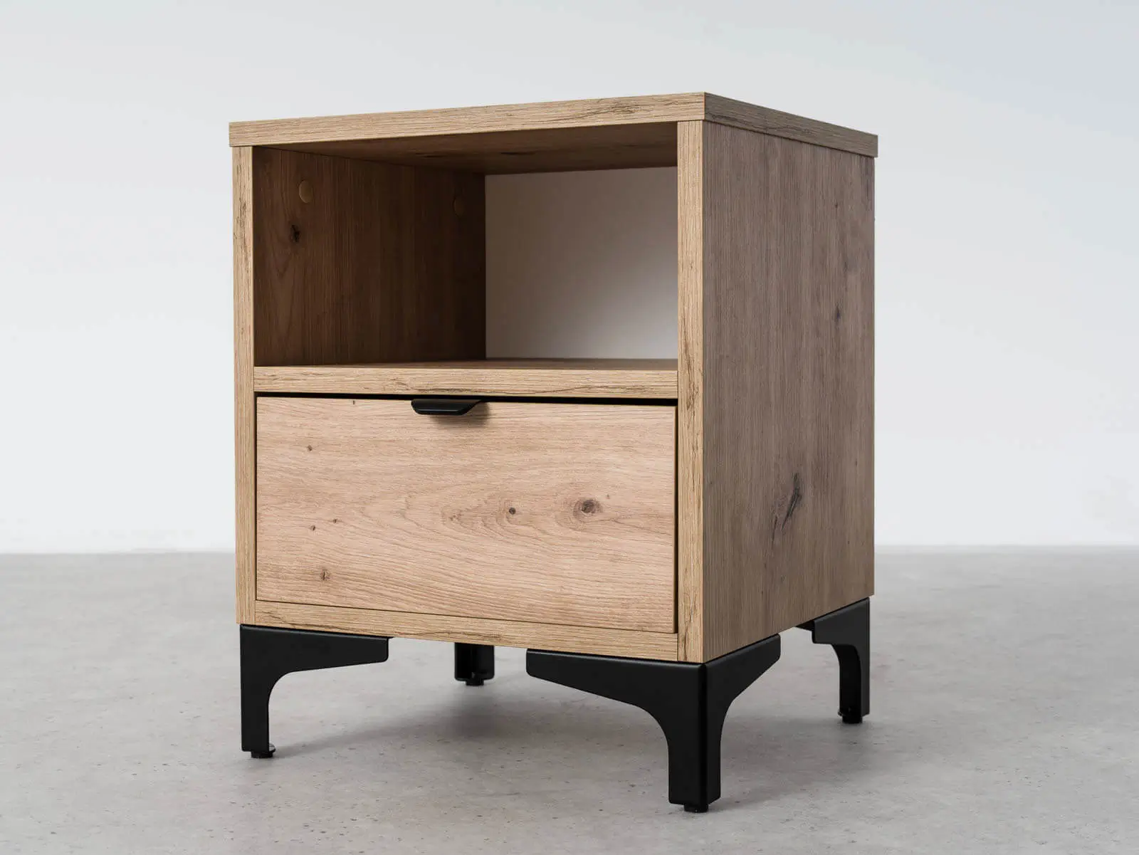 Comodino rovere artisan Nobio con cassetto e vano a giorno con piedini in metallo