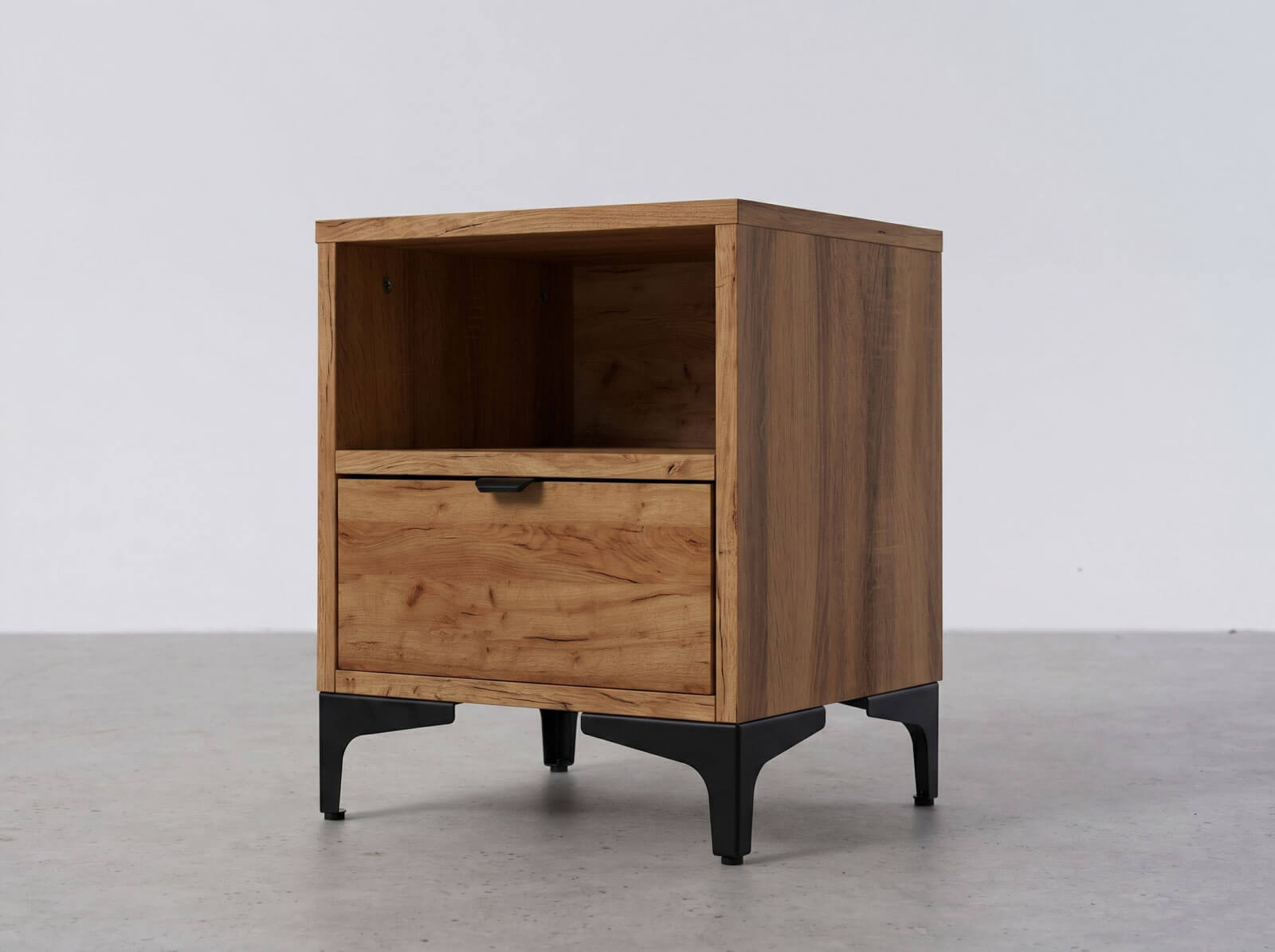 Comodino rovere craft Nobio con cassetto e vano a giorno su gambe in metallo
