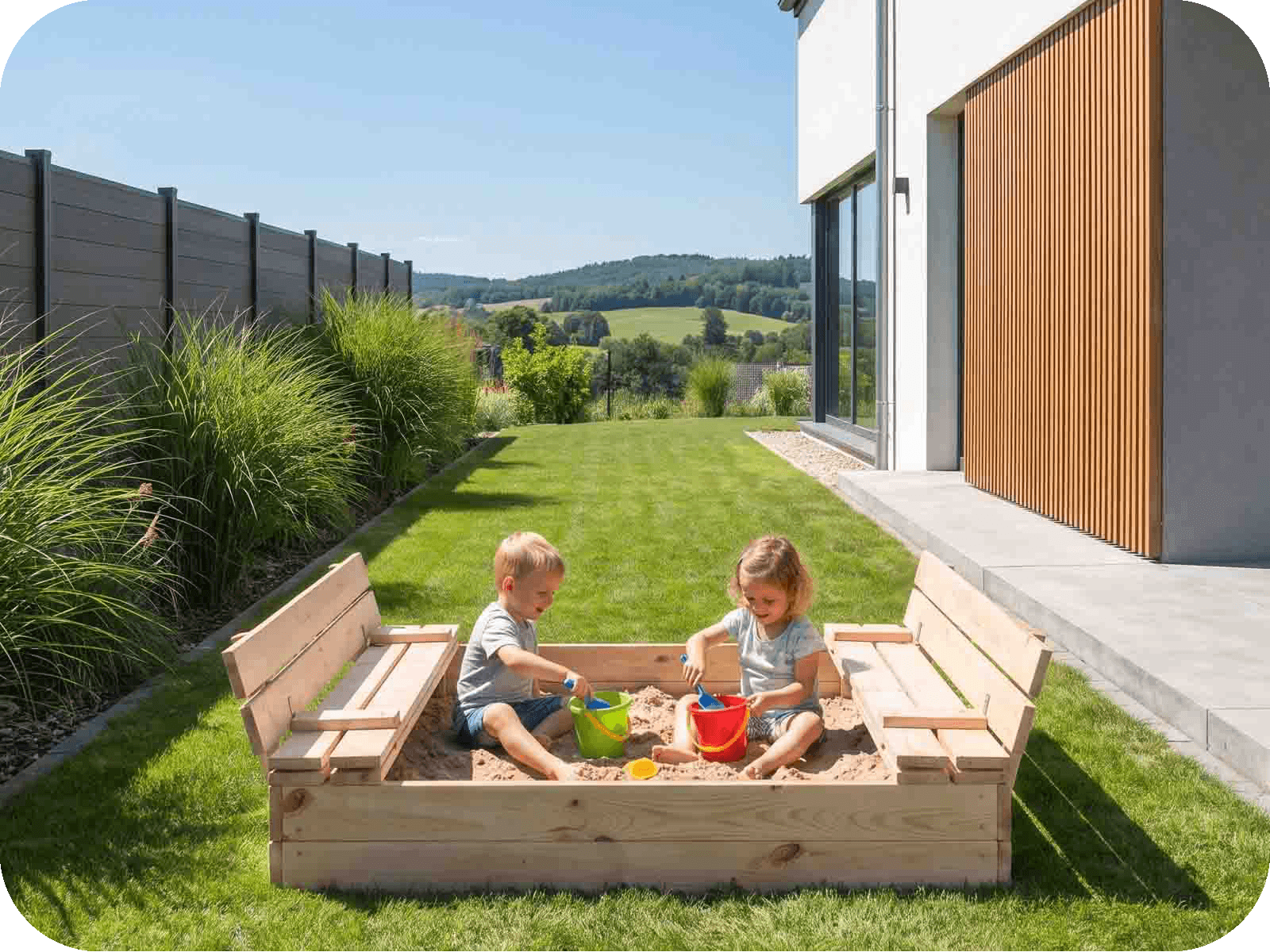 Sabbiera in legno chiudibile con panche da giardino