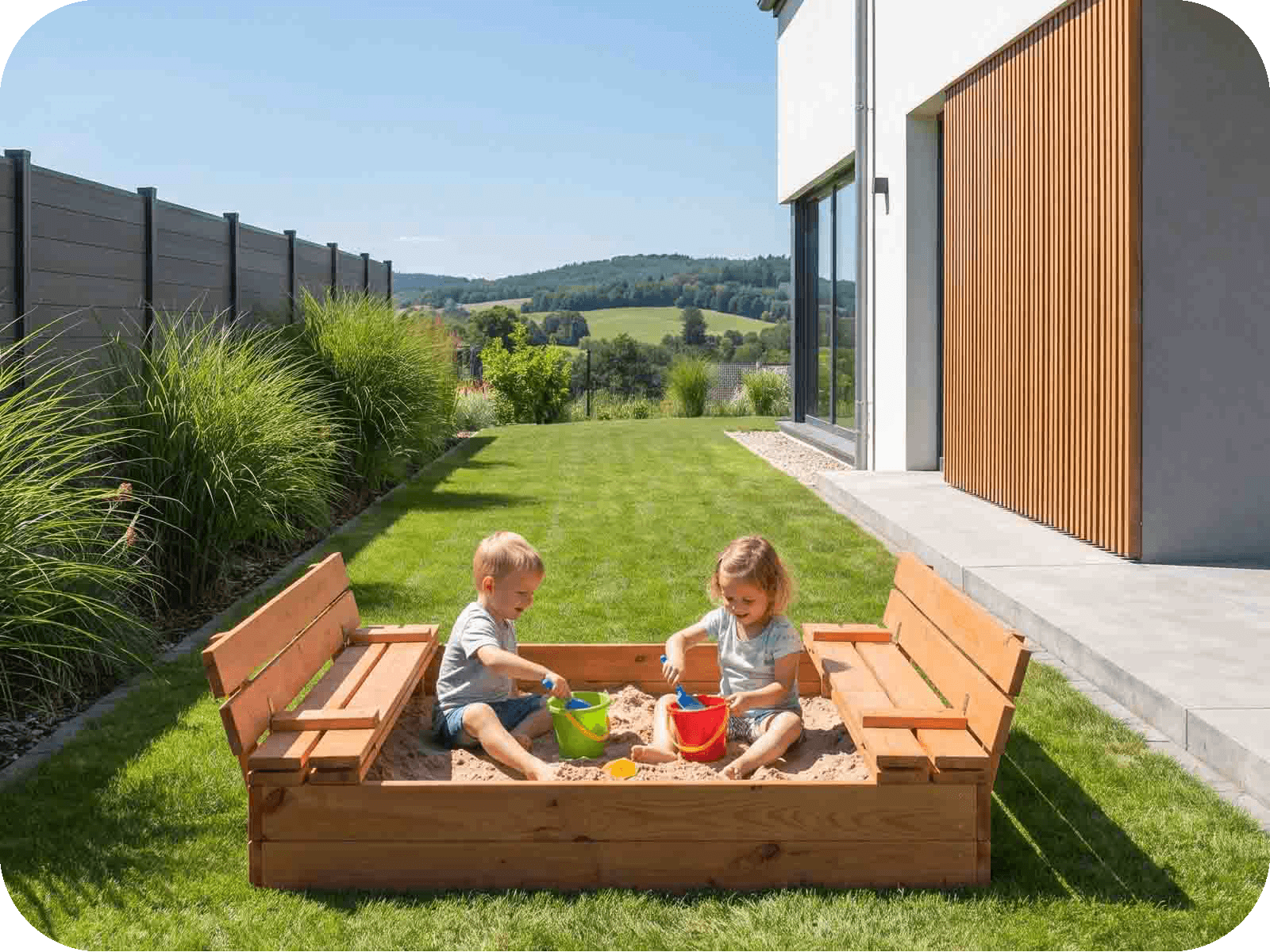 Sabbiera in legno chiudibile con panche da giardino