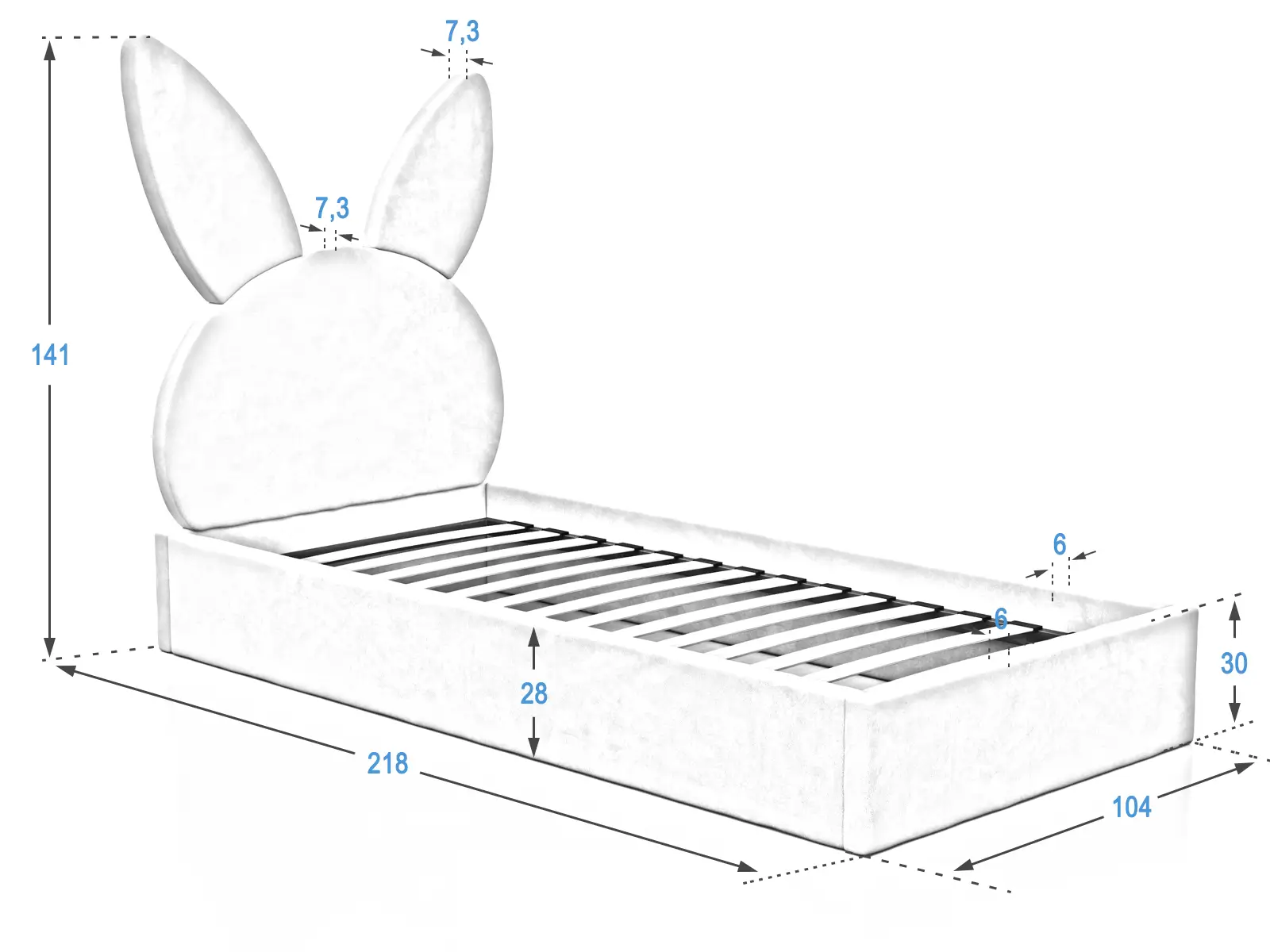 Letto imbottito per bambini 90x200 con struttura in velluto grigio Kids Linea 2 Coniglio