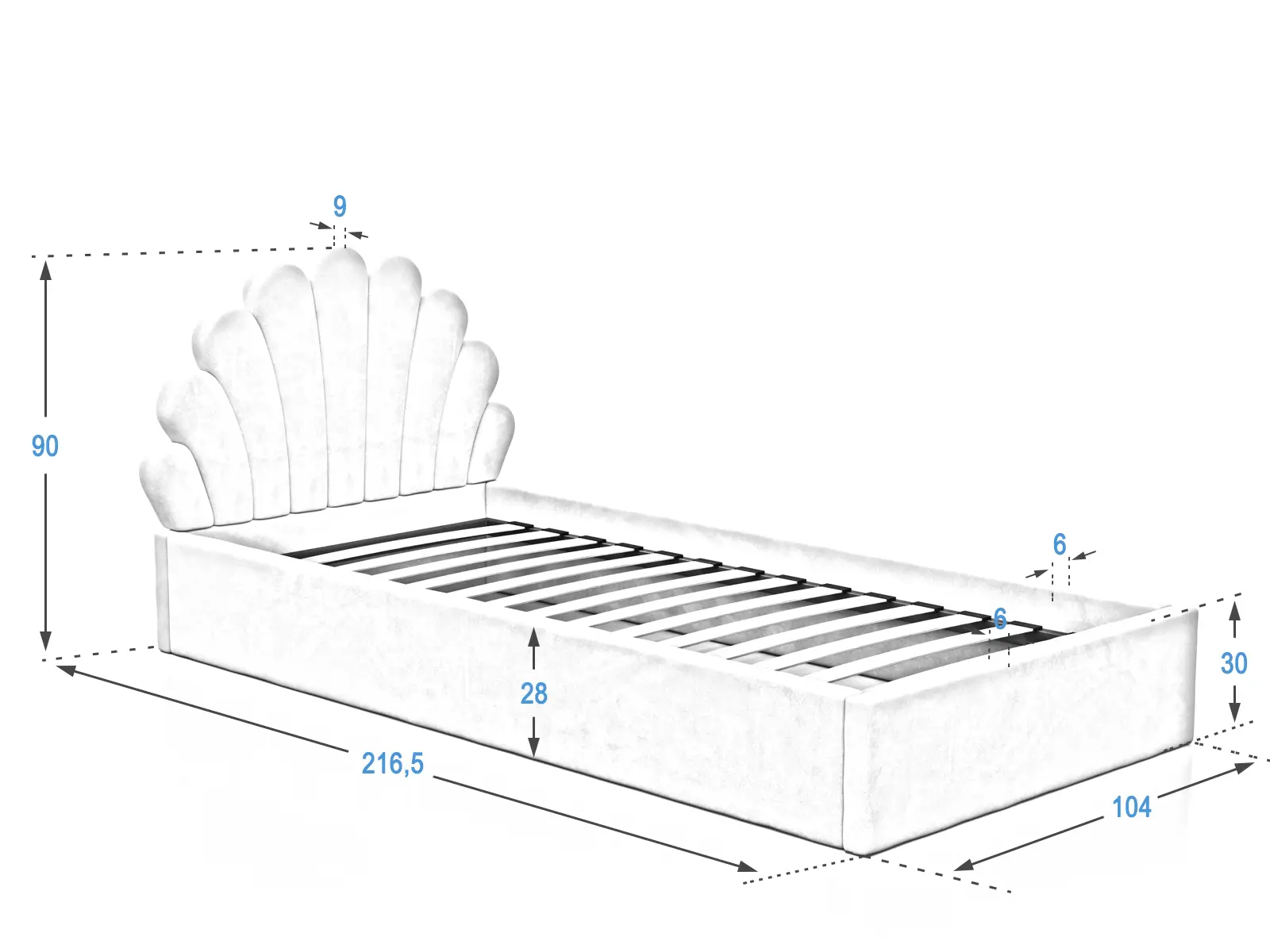 Letto imbottito per bambini 90x200 con struttura in velluto oliva Kids Linea 3 conchiglia di mare